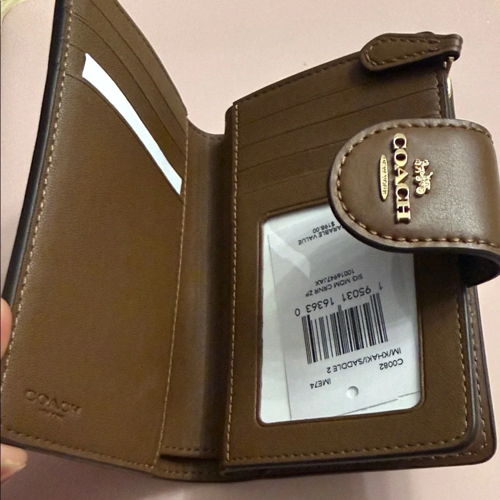 Coach Small Snap Card Holder in Brown Signature Canvas